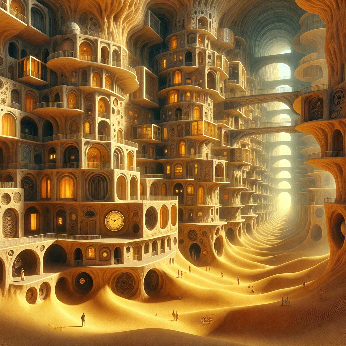 The primary subject of the image is a large, intricate, and ornate building made of bricks. The setting is a desert landscape, with the building towering over the sandy terrain. The visual style is a combination of digital art and illustration, creating a unique and captivating scene. The colors and mood of the image are predominantly warm and earthy, with the building's bricks and the desert's sandy hues creating a sense of depth and complexity.